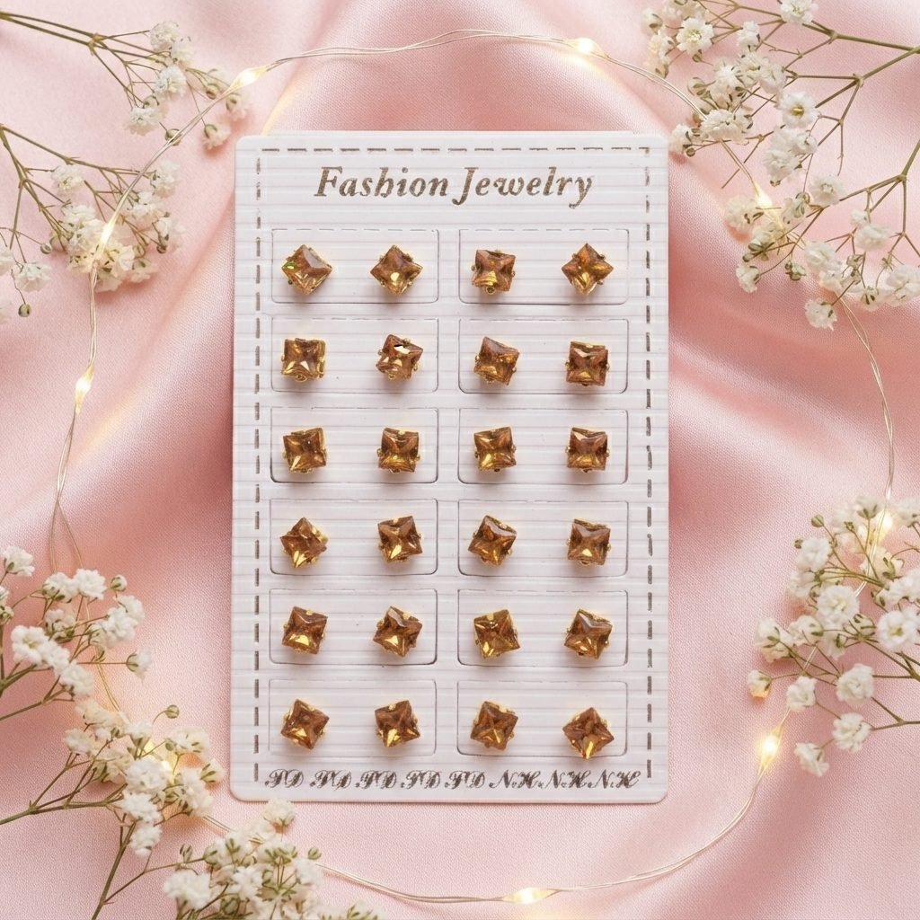 Golden Square Crystal Stud Earrings - Card of 12