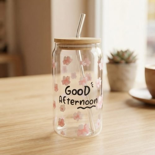 Glass Can Tumbler with Bamboo Lid & Straw