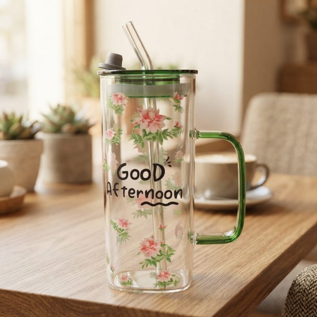 Tall Glass Mug with Lid, Handle & Straw
