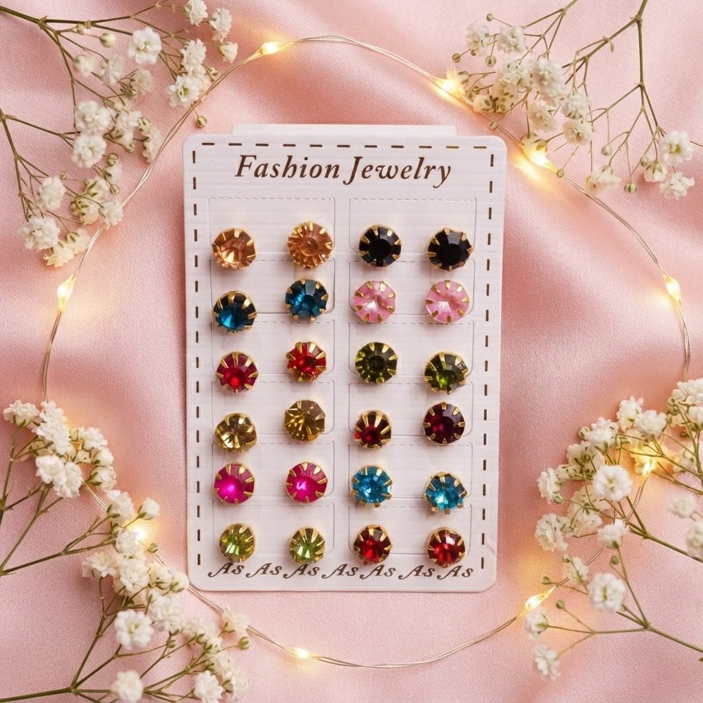 Round Crystal Stud Earrings - Card of 12