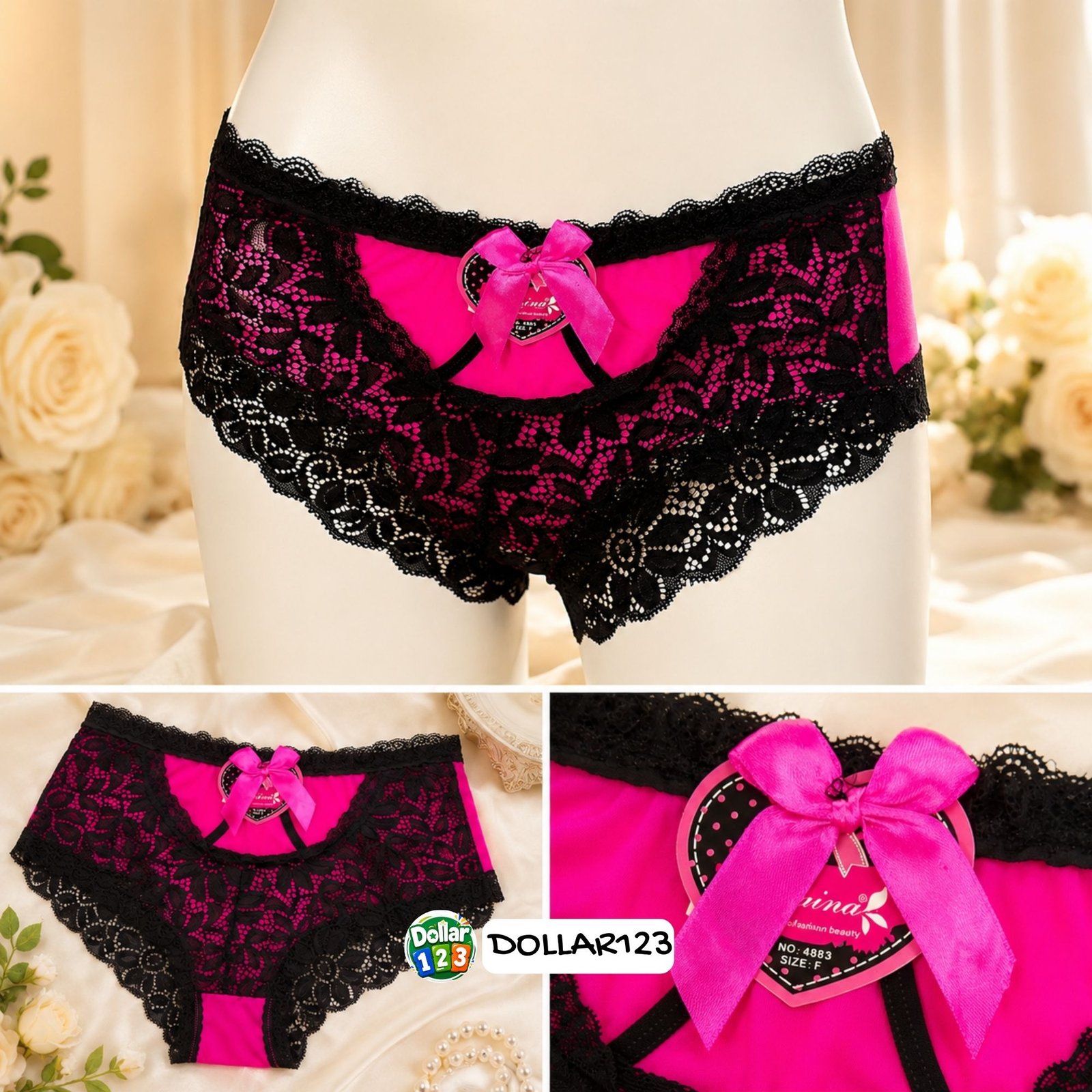 Fuchsia Pink & Black Lace Boyshort