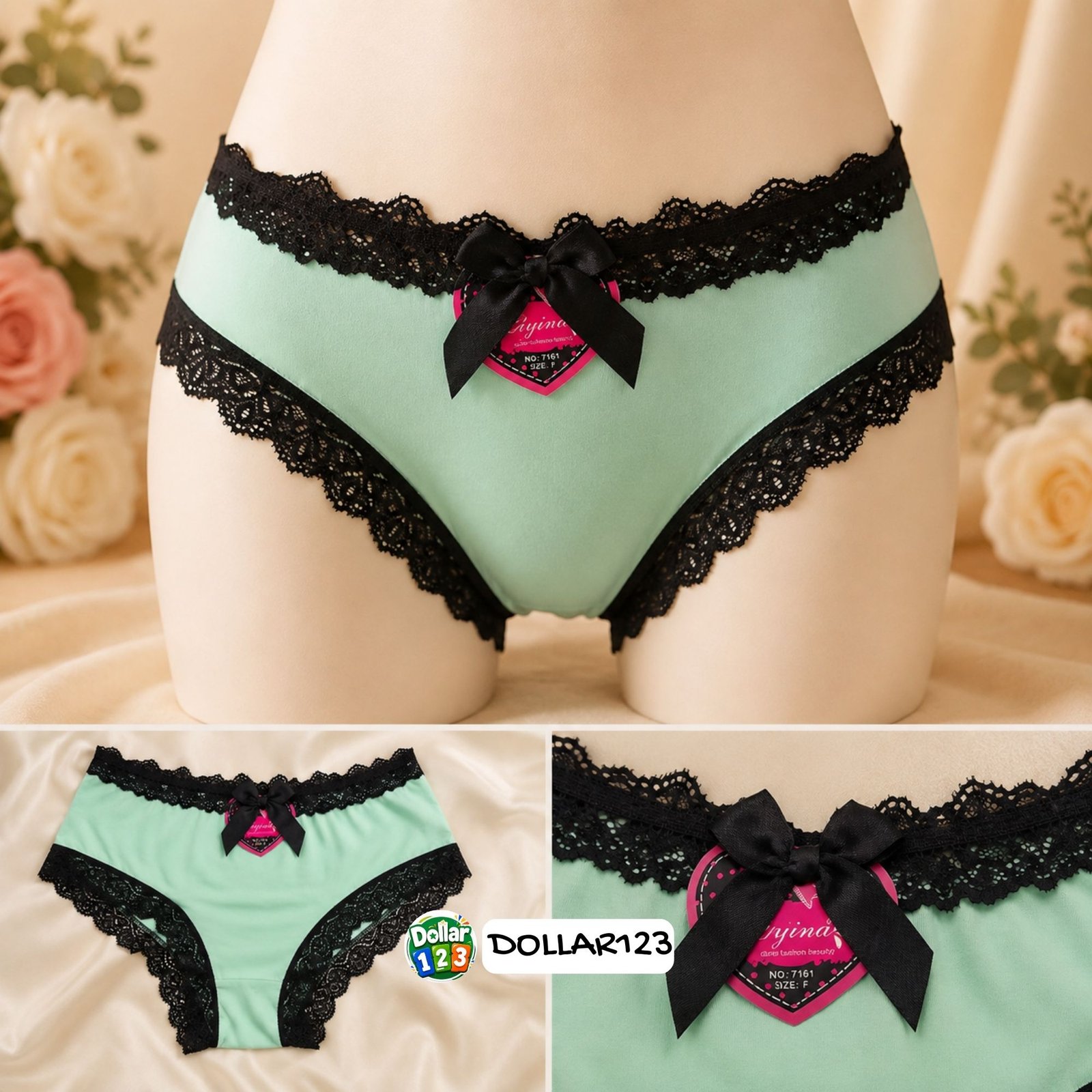 Mint Green & Black Bow Lace Panty