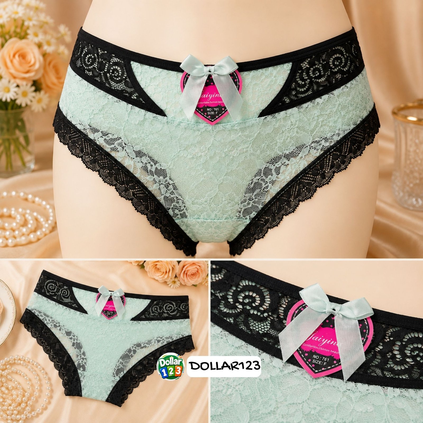 Mint Green & Black Lace Panty