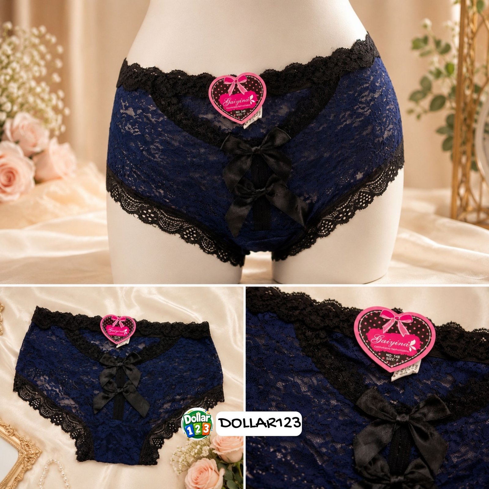 Navy Blue & Black Cut-Out Lace Panty