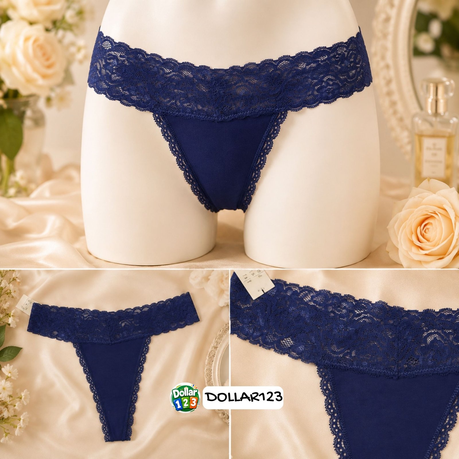 Navy Floral Lace Thong
