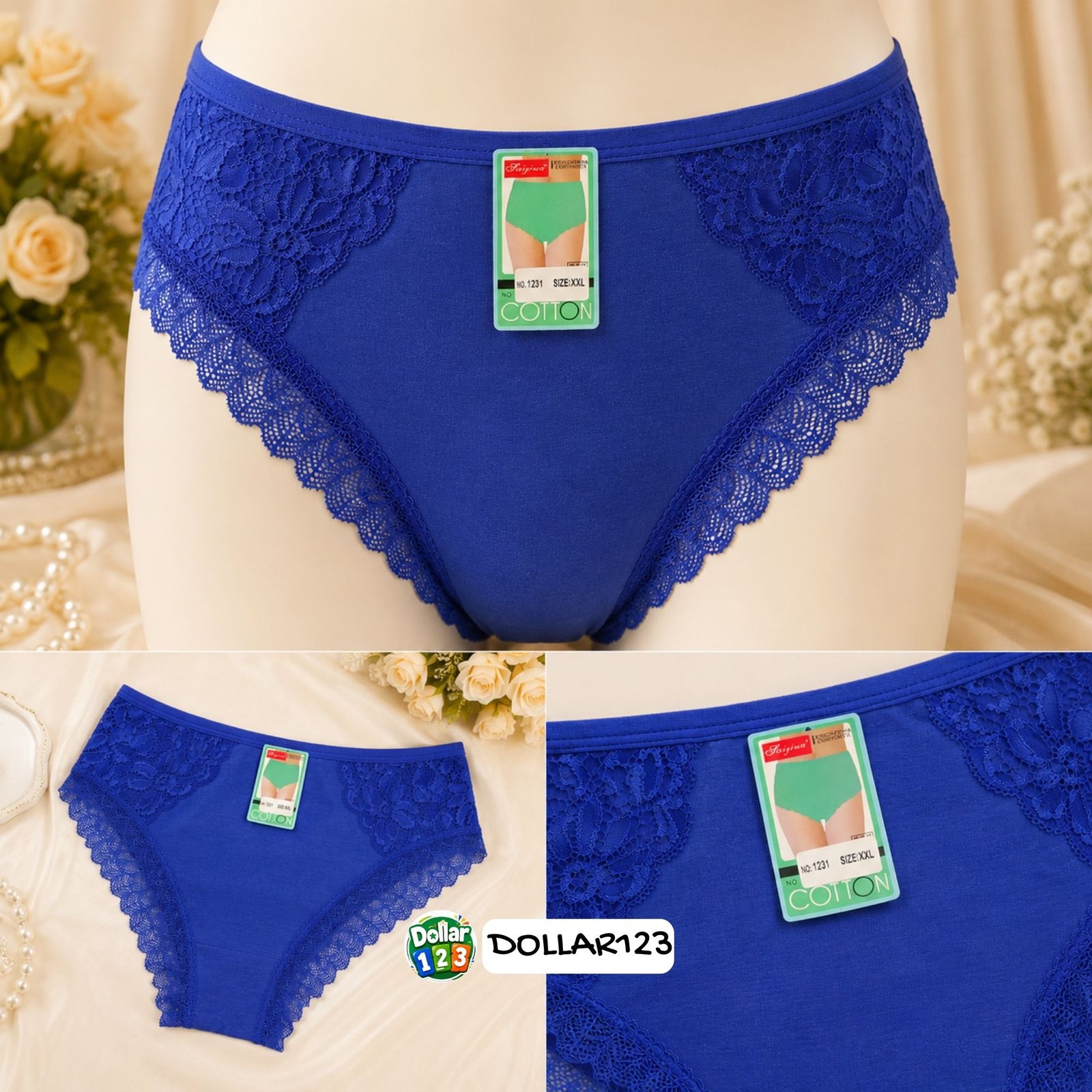 Royal Blue Cotton Lace-Trim Panty